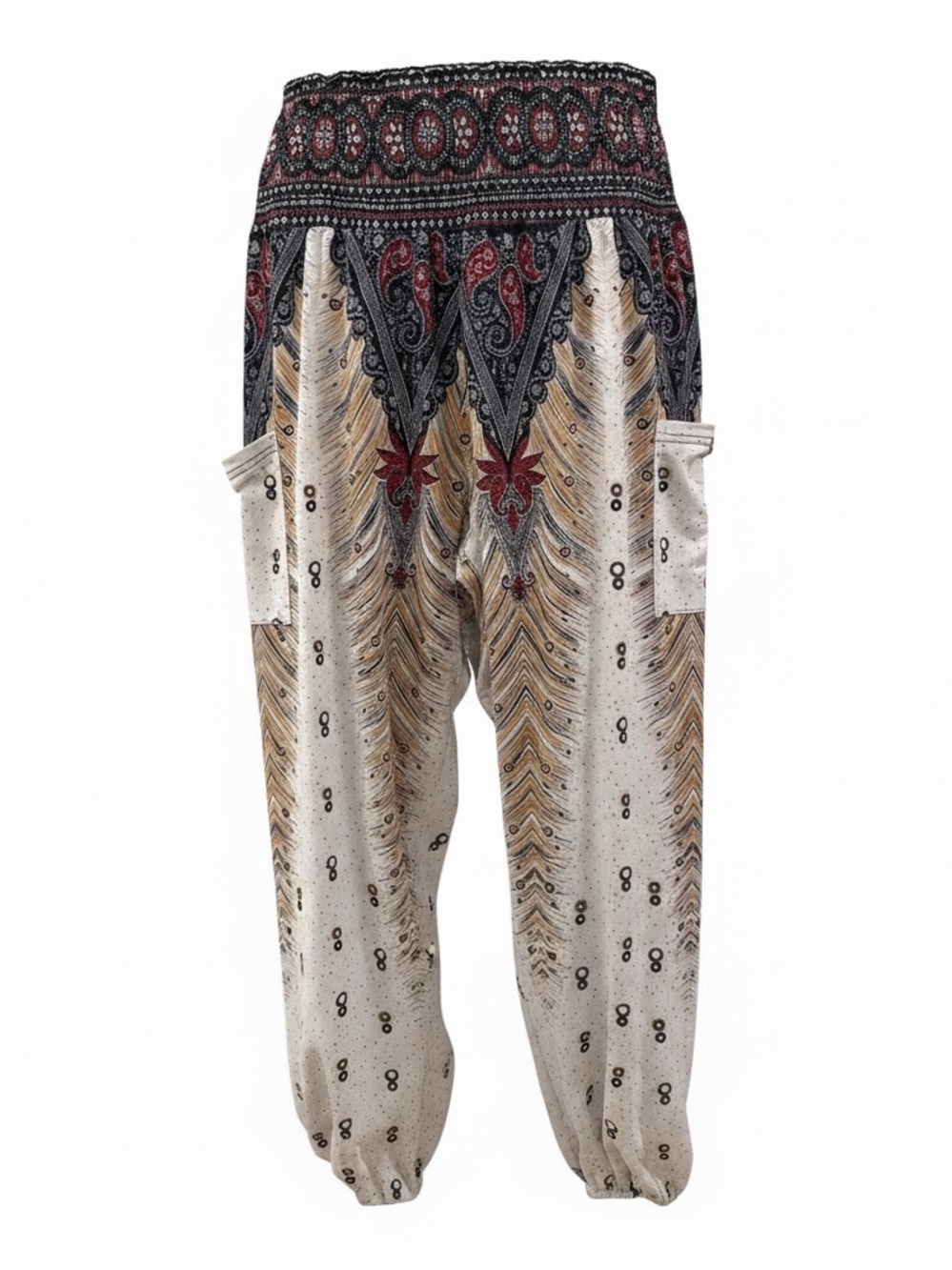 Bohemian Wide-Leg Yoga Jogger Pants - Cream with Red & Black Accents